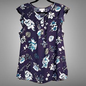 LOFT Outlet size L navy floral patterned flowy flutter sleeve blouse career top